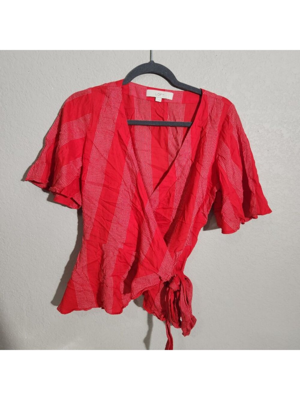 LOFT Womens Wrap Top Size Small Red Striped Tie Waist Lightweight